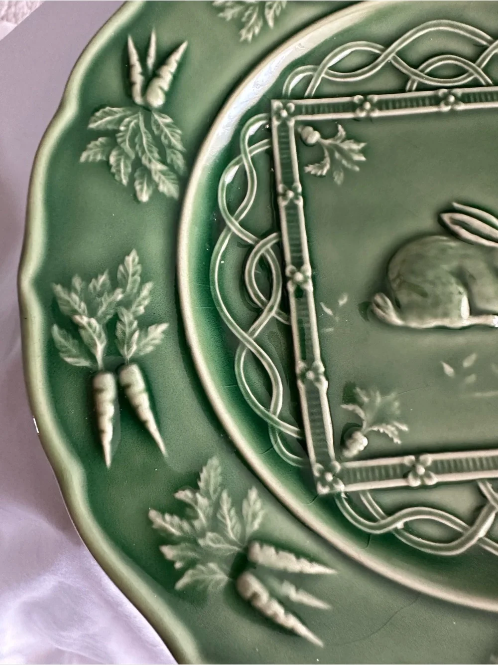 Bordallo Pinheiro Rabbit Plate Portugal | Green Majolica Bunny & Carrots 9.25”
